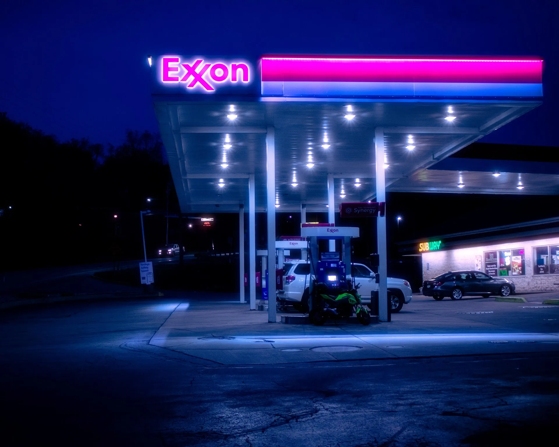 Exxon gas station at night